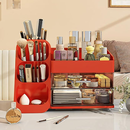 Makeup Organizer with Drawers for Vanity,Spacious Cosmetic Display Case,Perfect Storage Solution for Your Beauty Essential (Red)