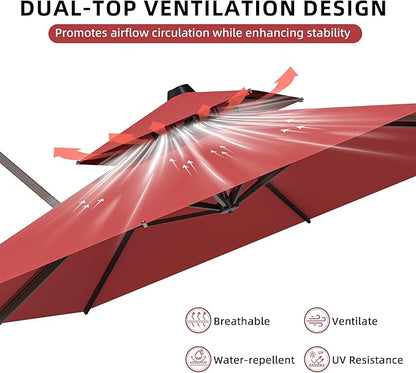 10x13FT Cantilever Outdoor Patio Umbrellas, Double Top Large Rectangle Umbrella, Heavy Duty 360° Rotation Offset Outdoor Sun Shade Umbrella for Garden Deck Pool Backyard Patio, Red