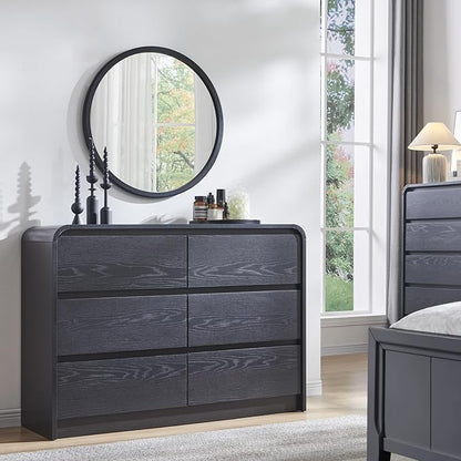 Modern 6 Drawers Dresser for Bedroom, 47" Wide Wood Dressers & Chests of Drawers w/Curved Profile Design, Mid Century Modern Dresser w/Natural Texture for Bedroom, Living Room, Black