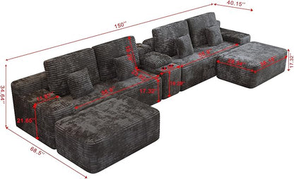 KEIKI 150" U-Shaped Oversized Corduroy Modular Sectional Sofa with 2 Ottomans and Multi Functional, 6-Seater Upholstered Couch, Easy Assembly, for Living Room, Black