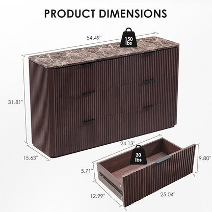 Fluted 6 Drawer Dresser for Bedroom, 54.5" Wide Modern Chest of Drawers with Faux Marble Top, Curved Corners, Wooden Dresser TV Stand with Organizer Storage for Living Room, Dark Oak