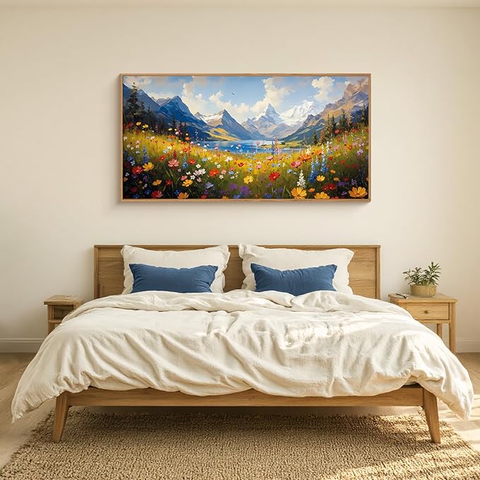 HOURIA Colorful Wildflower Mountain Framed Canvas Wall Art Set,Blue Sky Lake Green Tree Grass Wall Decor,Nature Flower Artwork,Field Scenery Art Prints for Living Room,Bedroom,Farmhouse- 20"×40"×1