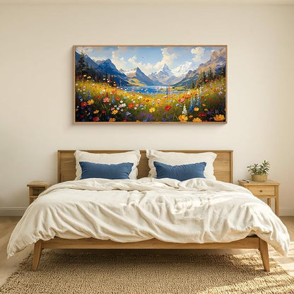 HOURIA Colorful Wildflower Mountain Framed Canvas Wall Art Set,Blue Sky Lake Green Tree Grass Wall Decor,Nature Flower Artwork,Field Scenery Art Prints for Living Room,Bedroom,Farmhouse- 20"×40"×1