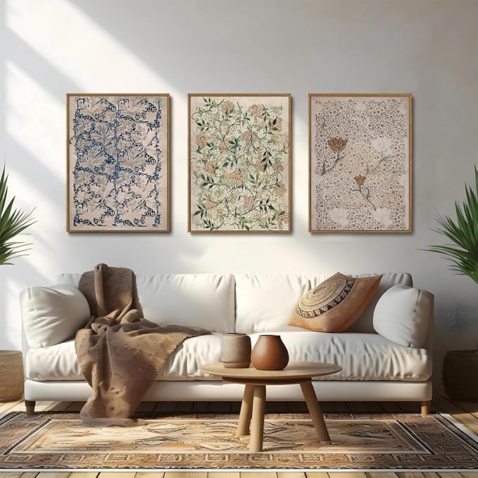 ILLBDR Vintage Framed Wall Art Abstract Floral Canvas Wall Art Set of 3 Boho Botanical Prints Gallery Artwork Neutral Flower Pictures Decor for Bedroom Living Room 16x24 Inch