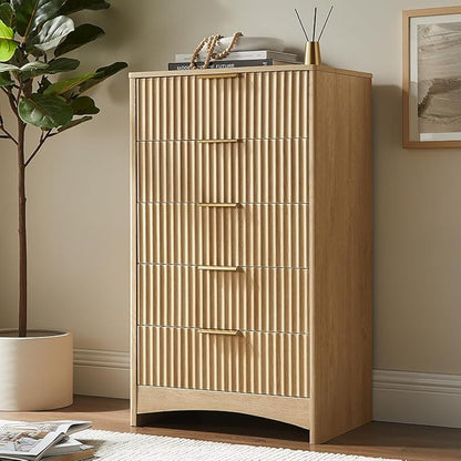 Pipishell Dresser for Bedroom, Fluted 5 Drawers Dresser, 40" Tall Modern Chest of Drawer with Round Edge & Pre-Installed Drawer Slides, Natural Wood Drawer Organizer for Bedroom, Hallway, Natural Oak