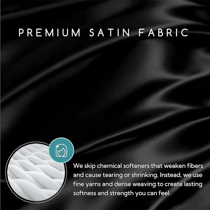 MR&HM Satin Sheets with Elastic Corner Straps, Twin Size 3-Piece Silky Bedding Set, Deep Pocket 15 Inches, Good for Hair & Skin (Twin, Black)