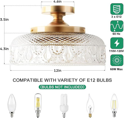 Lamomo Semi Flush Mount Ceiling Light, Upgraded Larger Golden Hallway Light Fixture, 3-Bulb Globe Glass Close to Ceiling Scone,Indoor Hanging Light for Bedroom Kitchen Porch Hallway,Bulbs Not Included