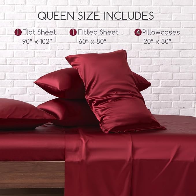 MR&HM Satin Bed Sheets, Queen Size Sheets Set, 6 Pcs Silky Bedding Set with 15 Inches Deep Pocket for Mattress (Queen, Burgundy)