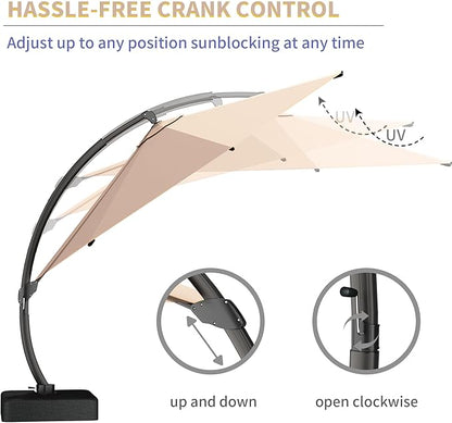 Kingdura 11ft Offset Cantilever Patio Umbrella with Base Included, Large Round Aluminum Outdoor Umbrella, 360° Rotation & Infinite Tilt, Heavy Duty Frame for Deck Pool Backyard, Beige