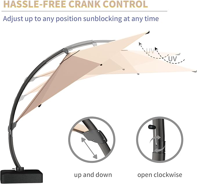 Kingdura 12ft Offset Cantilever Patio Umbrella with Base Included, Large Round Aluminum Outdoor Umbrella, 360° Rotation & Infinite Tilt, Heavy Duty Frame for Deck Pool Backyard, Beige