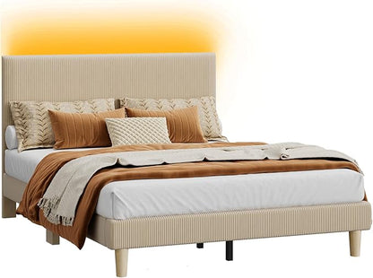 Bestier Queen Bed Frame with Adjustable Headboard, LED Lighting, Vertical Channel Tufted Corduroy Upholstered, Solid Wooden Slats Support, No Box Spring Needed, Never Squeaks, Easy Assembly, Taupe