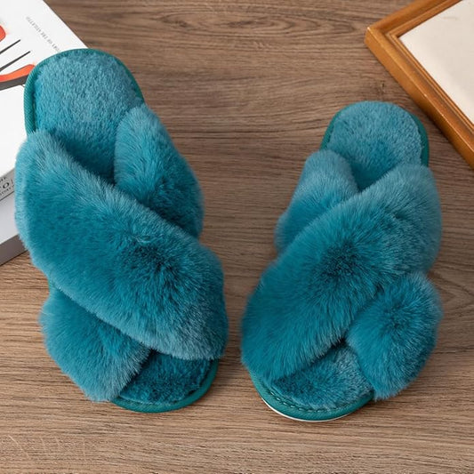 Women's Slipper Memory Foam Cross Band Fuzzy Slippers Open Toe Cozy House Slippers Cozy Plush Bedroom Indoor Outdoor