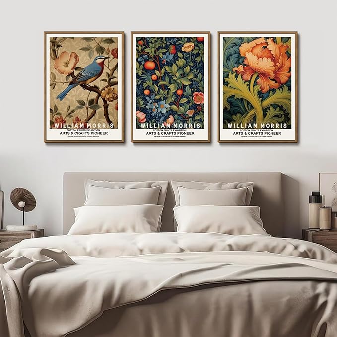 ILLBDR William Morris Framed Wall Art Vintage Bird Canvas Wall Art Set of 3 Colorful Floral Prints Botanical Artwork Classic Aesthetic Pictures Decor for Bedroom Living Room 16x24 Inch