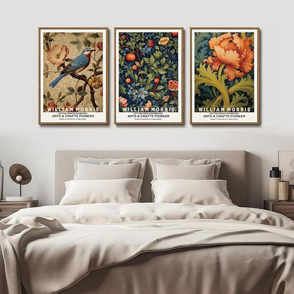 ILLBDR William Morris Framed Wall Art Vintage Bird Canvas Wall Art Set of 3 Colorful Floral Prints Botanical Artwork Classic Aesthetic Pictures Decor for Bedroom Living Room 16x24 Inch