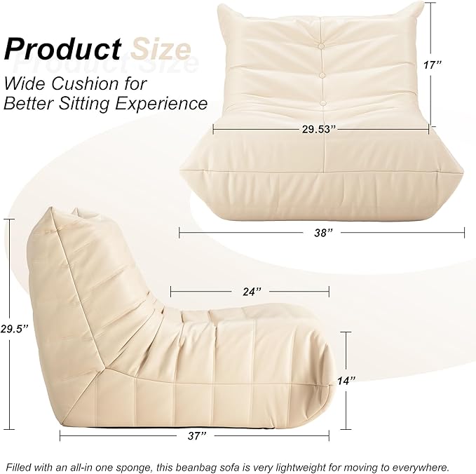 Hobestluk Giant Bean Bag Chair Lazy Floor Sofa, Fireside Sofa for Adults, Big Beanbag Faux Leather Armless Chair for Living Room Bedroom Dorm Office (Beige, Single)