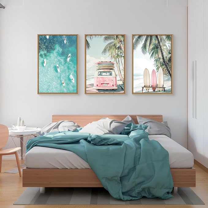 HOURIA Summer Surfboard Beach Framed Canvas Wall Art Set,Modern Ocean Surfing Seascape Wall Decor,Coastal Bus Coconut Tree Wall Painting,Nature Botanical Art Prints for Living Room, Bedroom-24 x36 x3