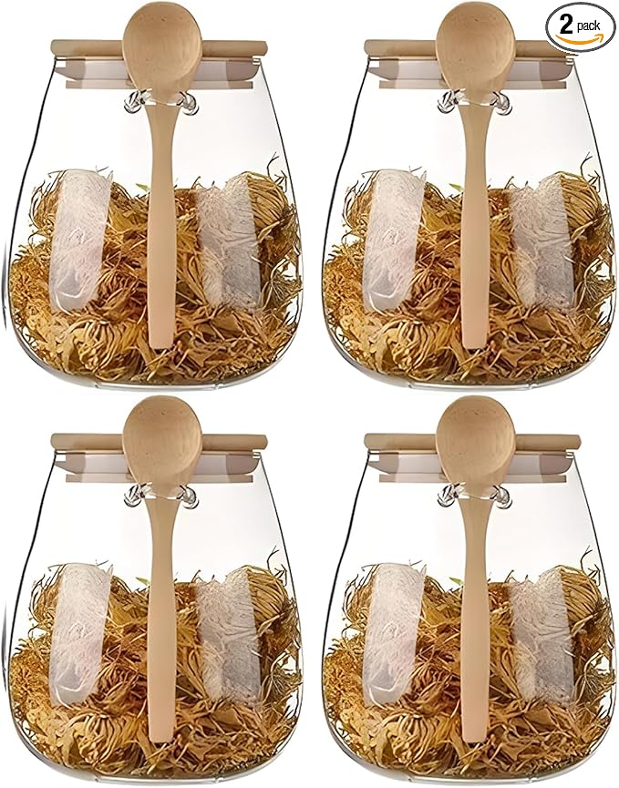 Airtight glass jar storage container with bamboo lid Set of 4, wide mouth, leak-proof, With a spoon, can be used for coffee beans, tea leaves, grains, dried fruits, etc (Large*4PCS)