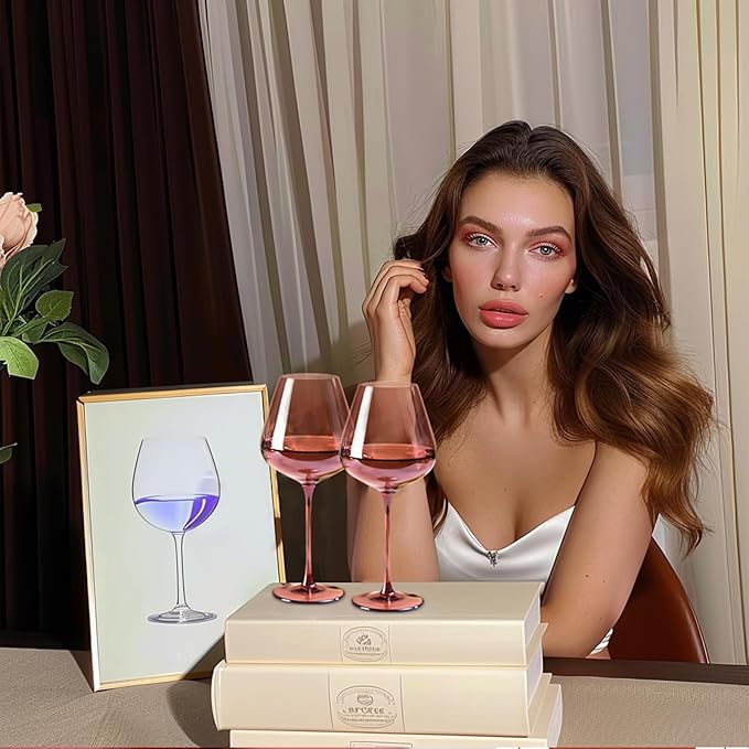 Physkoa Rose Colored Wine Glasses Set - 6 x 16oz Bordeaux Wine Glasses With Large & Long Stem, Perfect Gifts for Birthday, Wedding, Bridal Showers