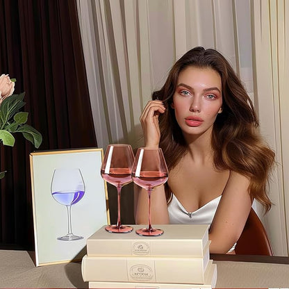 Physkoa Rose Colored Wine Glasses Set - 6 x 16oz Bordeaux Wine Glasses With Large & Long Stem, Perfect Gifts for Birthday, Wedding, Bridal Showers