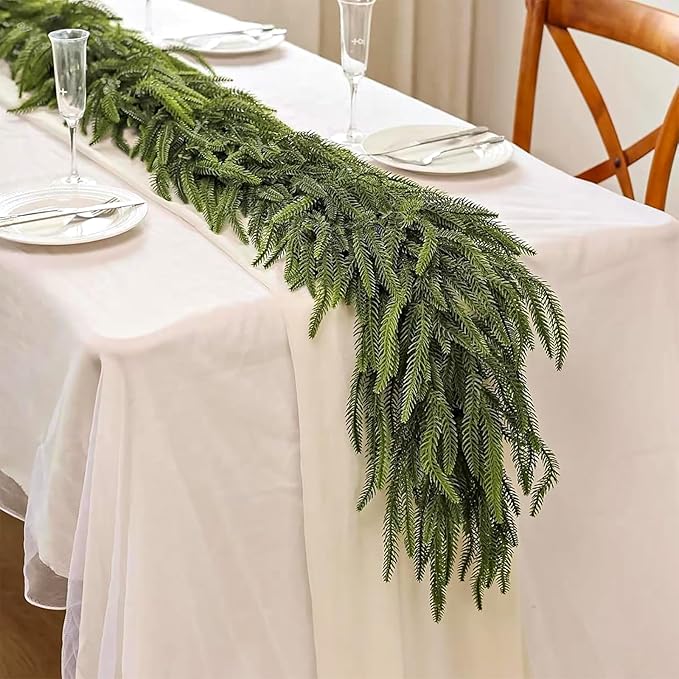 2PCS 9FT Norfolk Pine Garland, Christmas Artificial Faux Greenery Garland Real Touch Holiday Decorations for Holiday Wreaths, Craft DIY and Home Xmas Decorations