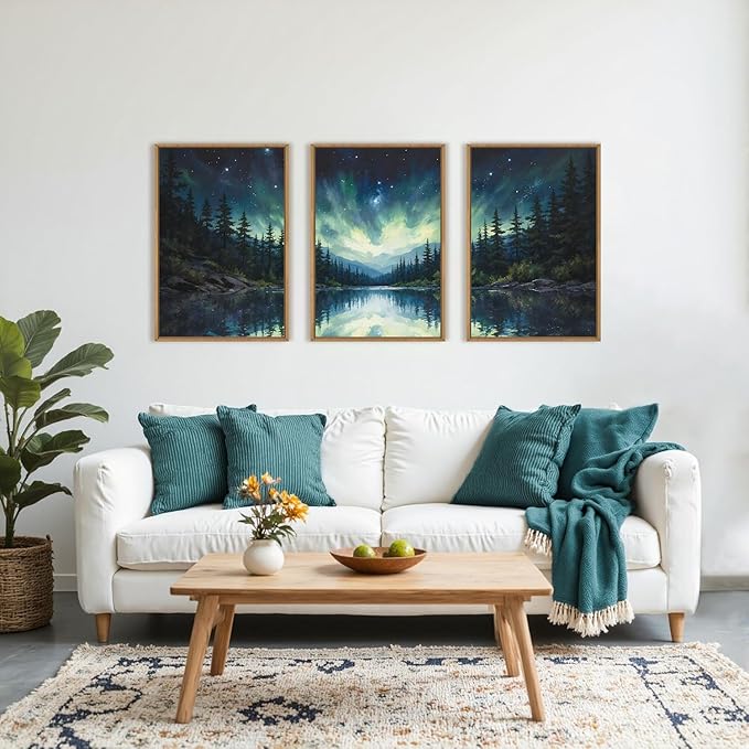 HOURIA Northern Lights Forest Lake Framed Canvas Wall Art Set,Aurora Borealis Mountain Wall Decor,Night Sky Reflective Water Artwork,Modern Wilderness Landscape Prints for Living Room,Office-24"x36"x3