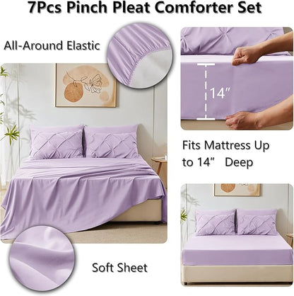 CozyLux Queen Comforter Set Lavender, 7 Pieces Pintuck Bed in A Bag, Premium Light Purple Comforter Queen Size, Pinch Pleat Bedding Sets with Comforter, Sheets, Pillowcases & Shams
