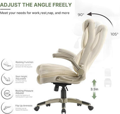EUREKA ERGONOMIC Galene Executive Office Chair Flip Up Arm Rest, Ergonomic Desk Chair Faux Leather Computer Chair, High Back Office Chair with Headrest, Home Desk Chairs with Wheels, Beige