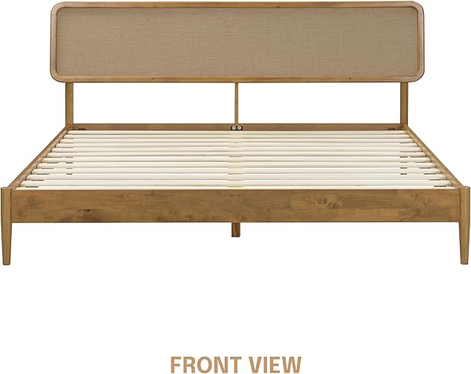 NTC Lupin Wooden Bed Frame with Headboard, Solid Oak and Rubber Wood Foundation with Silent Slats and Wood Central Supports, 1000 Lb Capacity, King - Teak Look