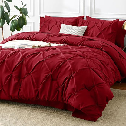 CozyLux Queen Comforter Set Dark Red, 7 Pieces Pintuck Bed in A Bag, Premium Red Comforter Queen Size, Pinch Pleat Bedding Sets with Comforter, Sheets, Pillowcases & Shams
