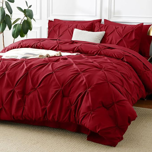 CozyLux Full Size Comforter Sets Dark Red, 7 Pieces Pintuck Bed in A Bag Red Comforter Full Size, Pinch Pleat Bedding Sets with All Season Comforter, Sheets, Pillowcases & Shams