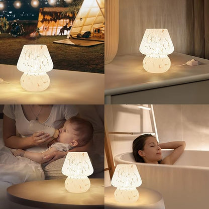 ONEWISH Cute Mushroom Lamp Small Table Lamp Set of 2 Stepless Dimmable, Translucent Glass White Nightstand Lamp for Bedroom Dorm Kids Room Living Kitchen, Murano Aesthetic Home Decor