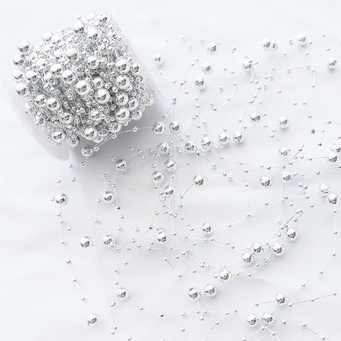 Christmas Tree Beads Garland Decoration,66 Feet Silvery Pearl Strands Chain for Christmas Tree Decor,Crafts and Holiday Décor
