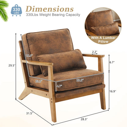 VINGLI Solid Wood Wide Armrests Accent Chair,Upholstered Mid Century Modern Chair with Pillow,Comfy Reading Chair Farmhouse Arm Chair,Chairs Living Room,Bedroom,Guest Room,Teddy Fleece,Khaki