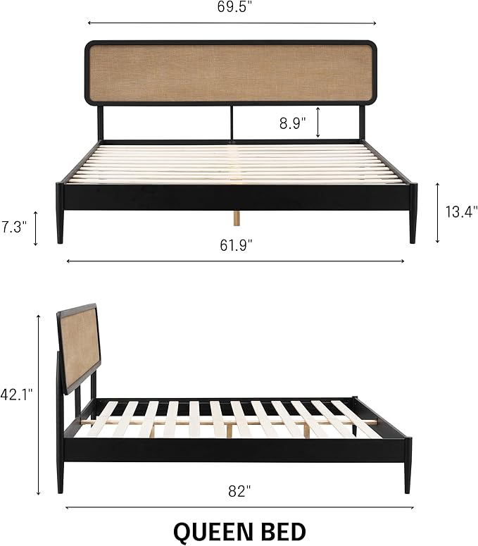 NTC Lupin Wooden Bed Frame with Headboard, Solid Oak and Rubber Wood Foundation with Silent Slats and Wood Central Supports, 1000 Lb Capacity, Effortless Assembly, Queen - Burnt Black