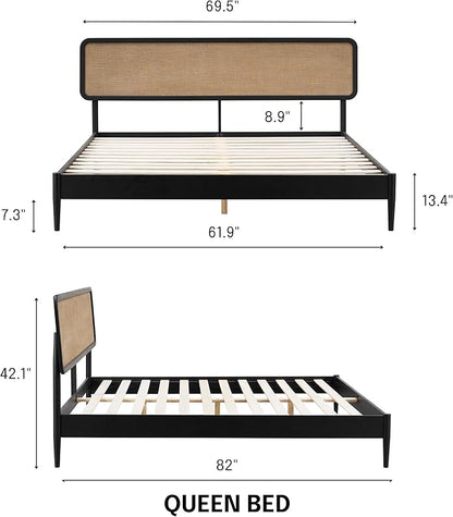 NTC Lupin Wooden Bed Frame with Headboard, Solid Oak and Rubber Wood Foundation with Silent Slats and Wood Central Supports, 1000 Lb Capacity, Effortless Assembly, Queen - Burnt Black