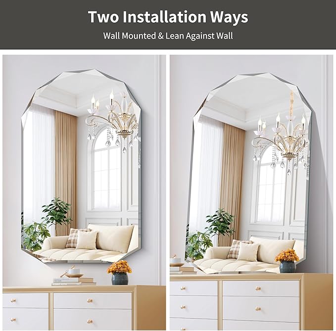 KOCUUY 30"x48" Frameless Wall Mirror, Arched Shape with Diamond-Shaped Beveled Edge,Unframed Decorative with Upgraded Shatterproof Glass,Unique Frameless Mirror for Bathroom,Living Room,Bedroom