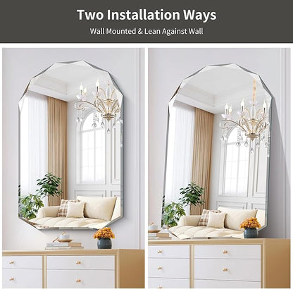 KOCUUY 30"x48" Frameless Wall Mirror, Arched Shape with Diamond-Shaped Beveled Edge,Unframed Decorative with Upgraded Shatterproof Glass,Unique Frameless Mirror for Bathroom,Living Room,Bedroom