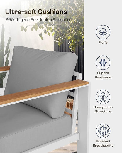 Aluminum Outdoor Patio Furniture Set with Table, 5 Piece Patio Conversation Sets with Washable Thick Cushions, Outdoor Seating Patio Sectional Furniture Set for Porch, Balcony, Deck, White