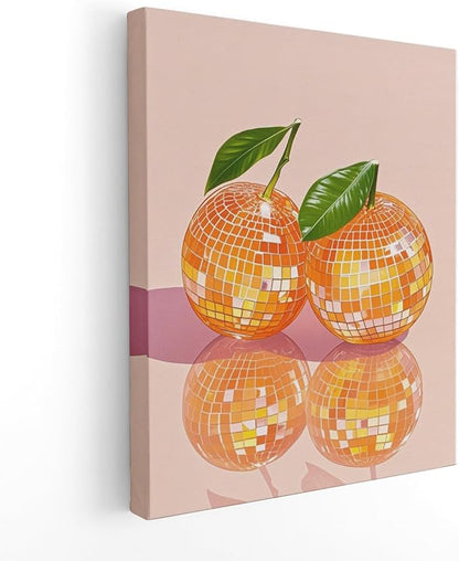 APJYM Funky Y2K Disco Ball Orange Wall Art, Trendy Retro 70s Preppy Pink Girly Orange Aesthetic Canvas Wall Art for Girls Room Bedroom Dorm Apartment Decor, 11x14 Inches Framed