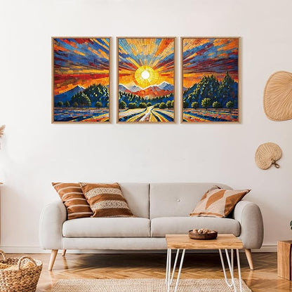 HOURIA Large Natural Mountain Forest Framed Canvas Wall Art Set,Wilderness Sunrise Wall Decor,Boho Pine Tree Square Ridge Artwork,Modern Field Art Print for Living Room, Office, Farmhouse- 16"x24"x3