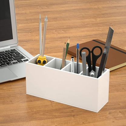 NIUBEE Acrylic Pen Holder 4 Compartments, White Pencil Organizer Cup for Countertop Desk Accessory Storage (White)