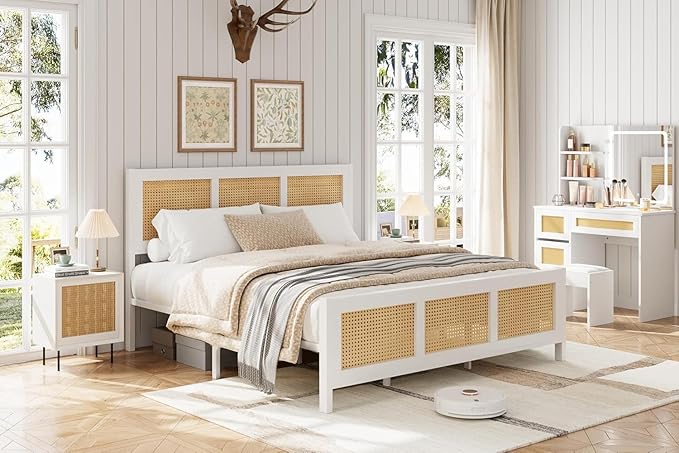 GarveeHome King Size Rattan Bed Frame with Headboard, White Boho Cane Platform Bed Frame with Strong Metal Slat, Noise Free, No Box Spring Needed