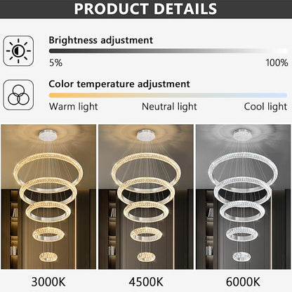 5 Ring Large Crystal Chandelier Modern LED Dimmable High Ceiling Chandelier Ring Contemporary Pendant Light Fixture for Living Room Foyer Staircase Gold D40''