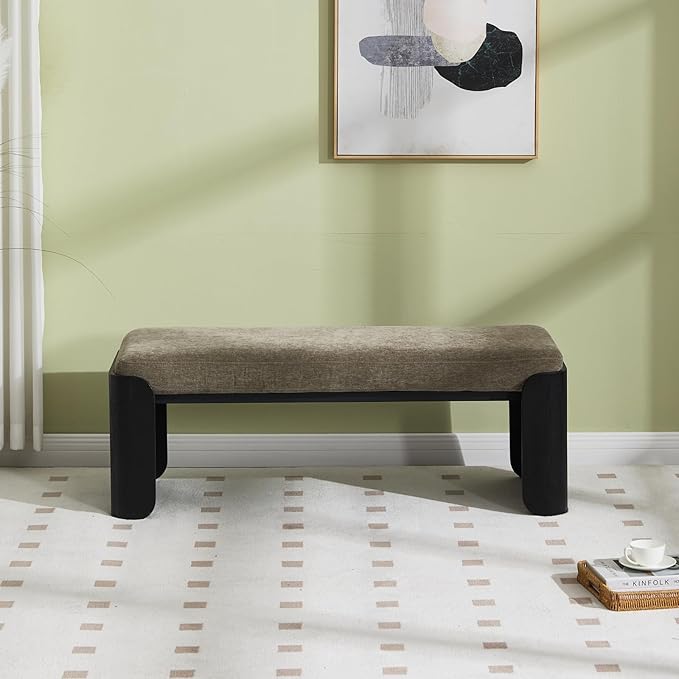 DUOMAY Modern Chenille Bedroom Bench, 49" Wide Long Entryway Bench with Solid Wood Legs Upholstered Dining Bench Ottoman for Living Room Indoor, Green