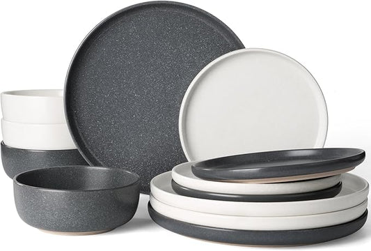 Famiware Milkyway Plates and Bowls Sets, 12 Pieces Dinnerware Sets, Reactive Glaze Dish Set, Stoneware Dishes Set for 4, Matte White & Matte Dark Charcoal