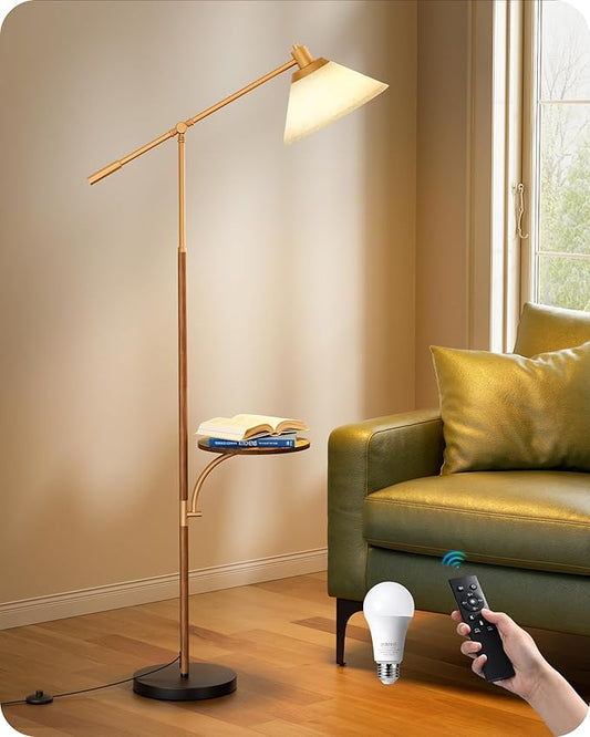EDISHINE 68" Arc Floor Lamp with Table, Vintage Standing Lamp for Living Room Tall Reading Lamp, Beige Shade, Adjustable Arm, Remote Dimmable Bulb Included, for Bedroom Office, Wood Grain