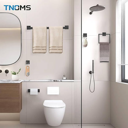 TNOMS Matte Black Towel Bar Set 5-Piece Bathroom Hardware Accessories Set,23.6 Inch Modern Towel Holder Set SUS304 Stainless Steel Towel Rack Set for Bathroom,Wall-Mounted