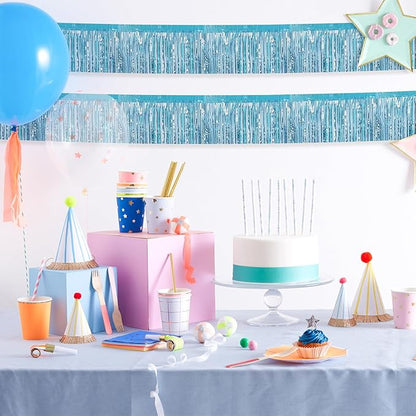 12 Pack 10 Feet Metallic Foil Fringe Garland Tinsel Streamers Banner, Light Blue Wall Hanging Tinsel Fringe Banners for Parade Floats, Wedding, Birthday, Christmas, New Year Party Decorations
