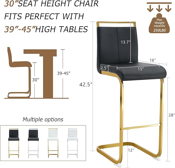 Counter Height Bar Stools Set of 2,Bar Stools with Back,30" Black Island Chairs with Gold Chrome Plated Metal Leg,Faux Leather Barstools for Pub Kitchen Counter Dining Chair