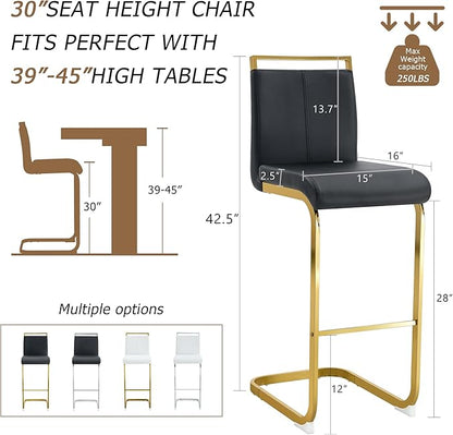 Counter Height Bar Stools Set of 4,Bar Stools with Back,30" Black Island Chairs with Gold Chrome Plated Metal Leg,Faux Leather Barstools for Pub Kitchen Counter Dining Chair